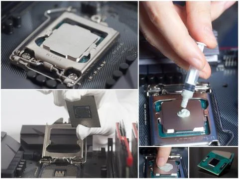 Installing CPU into motherboard and applying thermal paste. Computer repair. Foto stock