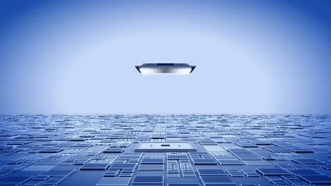 Installing CPU on Motherboard circuit with microchips, electric wave and signals Stock-Footage 123255234