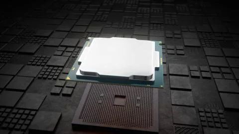 Installing CPU on Motherboard circuit with microchips, electric wave and signals Stock Illustration