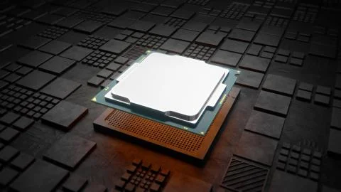 Installing CPU on Motherboard circuit with microchips, electric wave and signals Stock Illustration