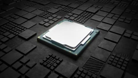 Installing CPU on Motherboard circuit with microchips, electric wave and signals Illustrazione stock