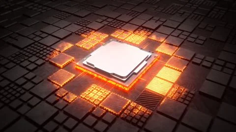 Installing CPU on Motherboard circuit with microchips, electric wave and signals Stock Illustration