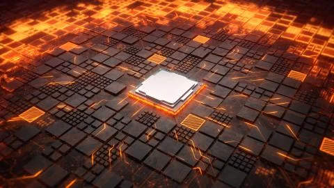 Installing CPU on Motherboard circuit with microchips, electric wave and signals Illustrazione stock