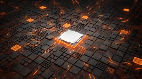 Installing CPU on Motherboard circuit with microchips, electric wave and signals Stock Illustration