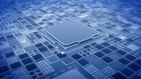 Installing CPU on Motherboard circuit with microchips, electric wave and signals Illustrazione stock