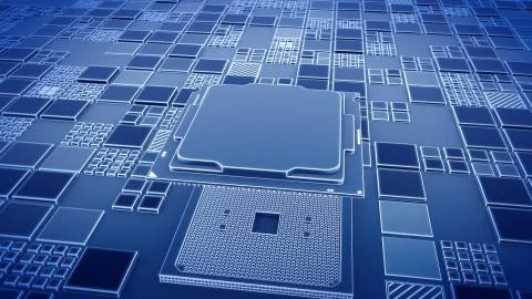 Installing CPU on Motherboard circuit with microchips, electric wave and signals Illustrazione stock