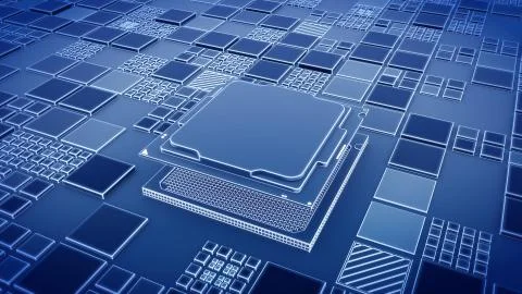 Installing CPU on Motherboard circuit with microchips, electric wave and signals Stock Illustration