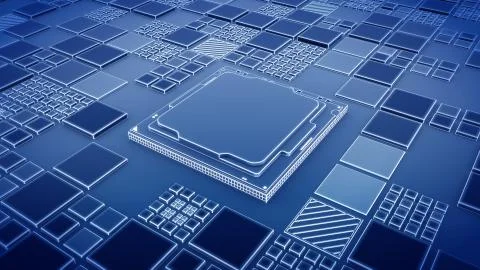 Installing CPU on Motherboard circuit with microchips, electric wave and signals Illustrazione stock