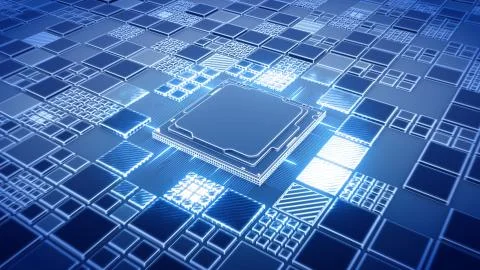 Installing CPU on Motherboard circuit with microchips, electric wave and signals Stock Illustration