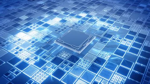 Installing CPU on Motherboard circuit with microchips, electric wave and signals Stock Illustration