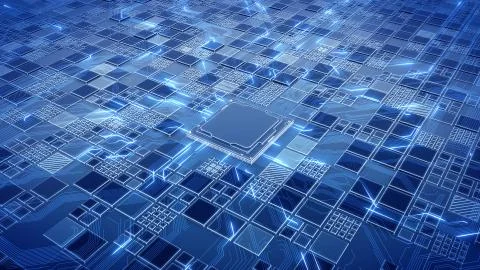 Installing CPU on Motherboard circuit with microchips, electric wave and signals Illustrazione stock