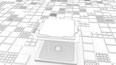 Installing CPU on Motherboard circuit with microchips, electric wave and signals Illustrazione stock