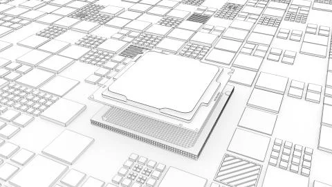Installing CPU on Motherboard circuit with microchips, electric wave and signals Illustrazione stock
