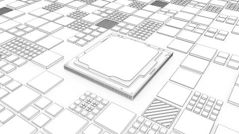 Installing CPU on Motherboard circuit with microchips, electric wave and signals Illustrazione stock