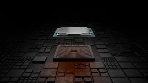 Installing CPU on Motherboard circuit with microchips Illustrazione stock