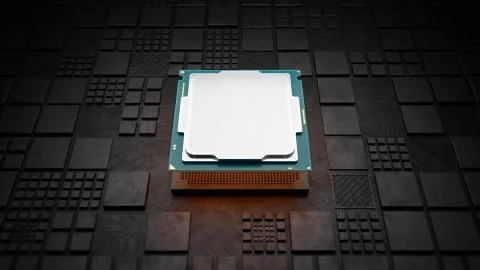 Installing CPU on Motherboard circuit with microchips Illustrazione stock