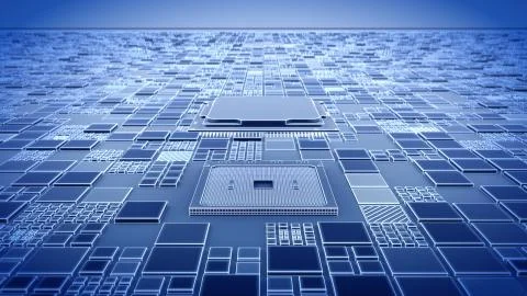 Installing CPU on Motherboard circuit with microchips Illustrazione stock