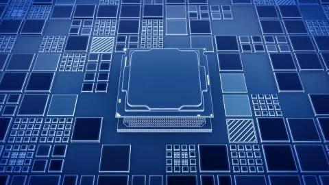 Installing CPU on Motherboard circuit with microchips Illustrazione stock