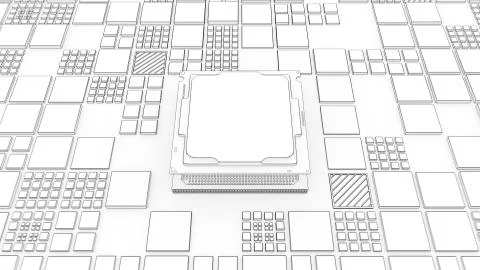 Installing CPU on Motherboard circuit with microchips Illustrazione stock