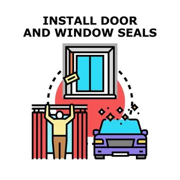 Installing door and window seals for energy efficiency and maintenance 库存插图