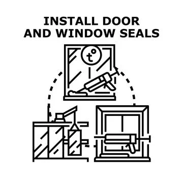 Installing door and window seals for home insulation 库存插图