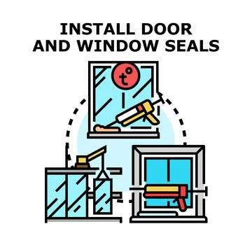 Installing door and window seals for home insulation 库存插图