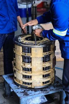 Installing Drum Piston Reverse Komatsu Automatic Transmission Stock Photos