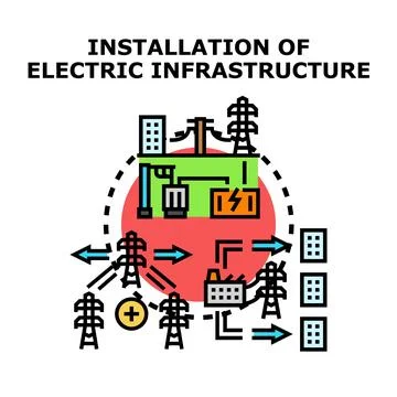 Installing electric infrastructure creating power network transmission Stock Illustration