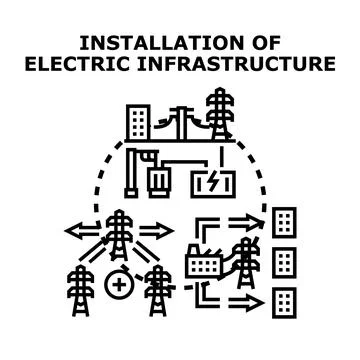 Installing electric infrastructure creating power network transmission Stock Illustration
