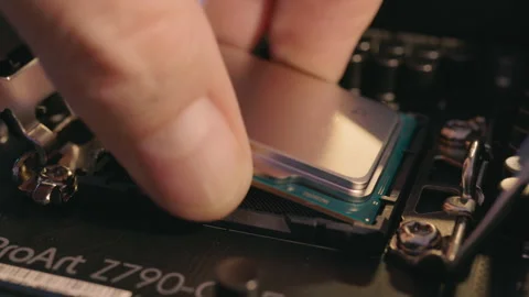 Installing Intel Computer CPU Asus Motherboard Technology Circuits Data Chip 動画素材 240241589