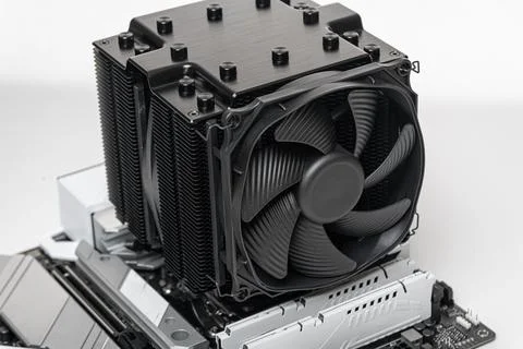 Installing a large cooler on a computer processor. 스톡 사진