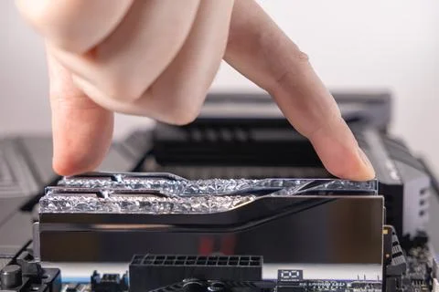 Installing memory module, computer hardware assembly, ram installation, hands Stock-Fotos