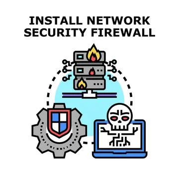 Installing network security firewall protects digital data system 库存插图