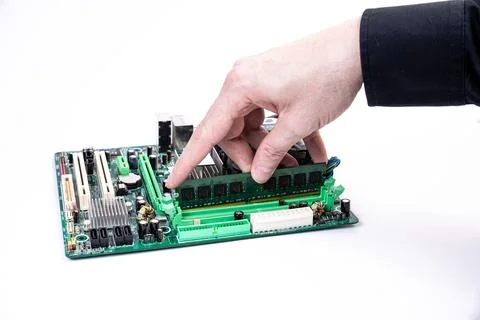 Installing a new RAM DDR memory for a personal computer processor socket in a Foto stock