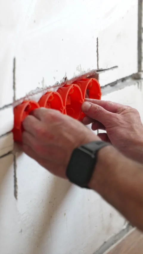 Installing orange plastic junction box into wall socket hole vertical Stock Footage 339298272