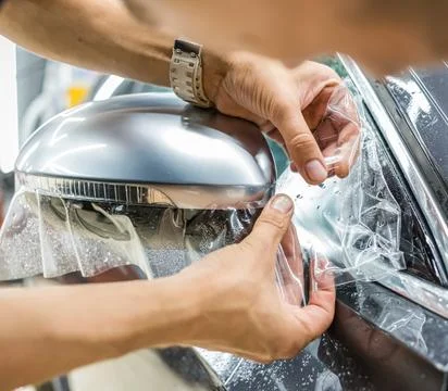 Installing PPF on the mirror of the car. Stock Photos