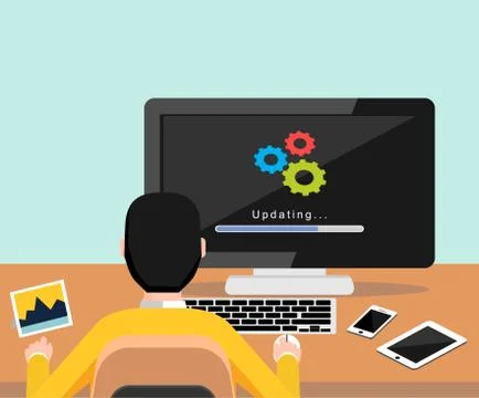 Installing process on desktop screen concept. Person working on computer. Mod Stock Illustration