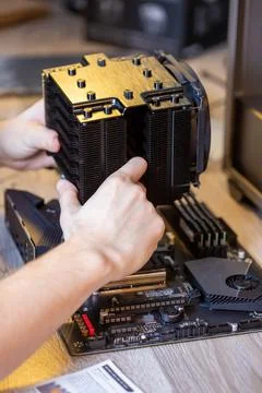 Installing a processor fan on the computer motherboard, PC assembly 写真素材