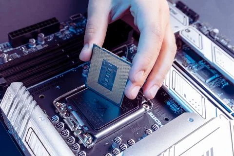 Installing the processor into the motherboard socket Foto stock