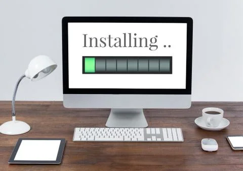 Installing progress status power bar and computer Stock Illustration
