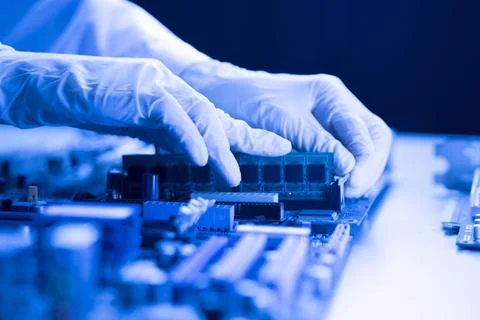 Installing the ram (random access memory into pc motherboard, hardware service c Stock Photos