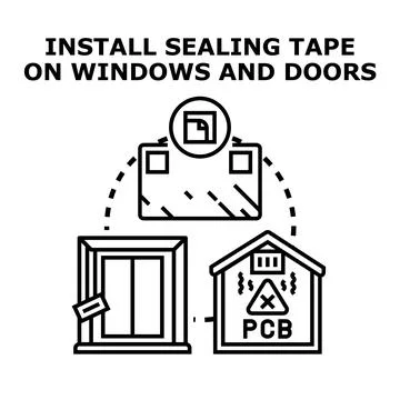 Installing sealing tape on windows and doors reducing harmful emissions 库存插图