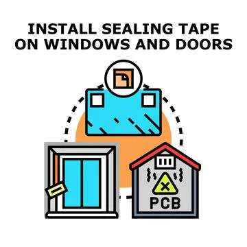Installing sealing tape on windows and doors reducing harmful emissions 库存插图