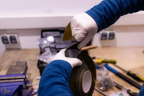 Installing Self Adhesive Cable Duct Cover Strip, Preparing Cable Management Chan 库存照片