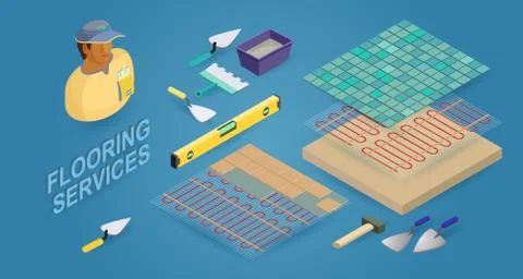 Installing tiles on insulated floor. Builder, tools and tile. Vector. Stock Illustration