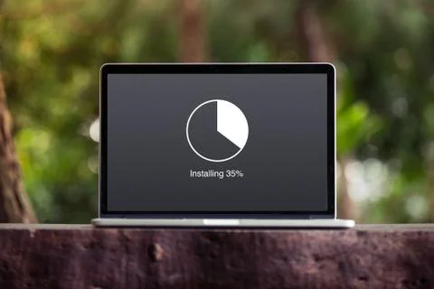 Installing update with circle load percentage waiting indicator concept  Stock Photos