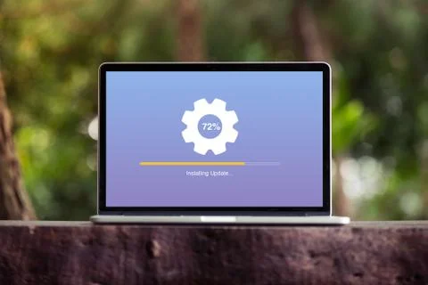 Installing update process with gearbox percentage progress and loading bar Stock Photos