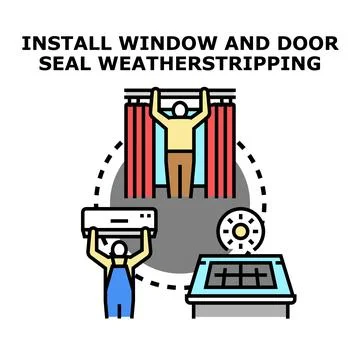 Installing window and door weatherstripping for home improvement and energy.. 库存插图