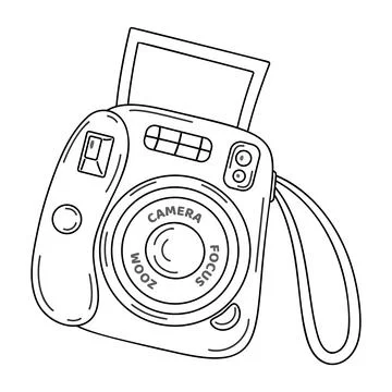 Instant camera device line art. Hand drawn doodle style coloring page Illustrazione stock