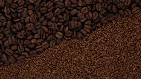 Instant coffee and coffee beans top view, rotation Stock Footage 209485278